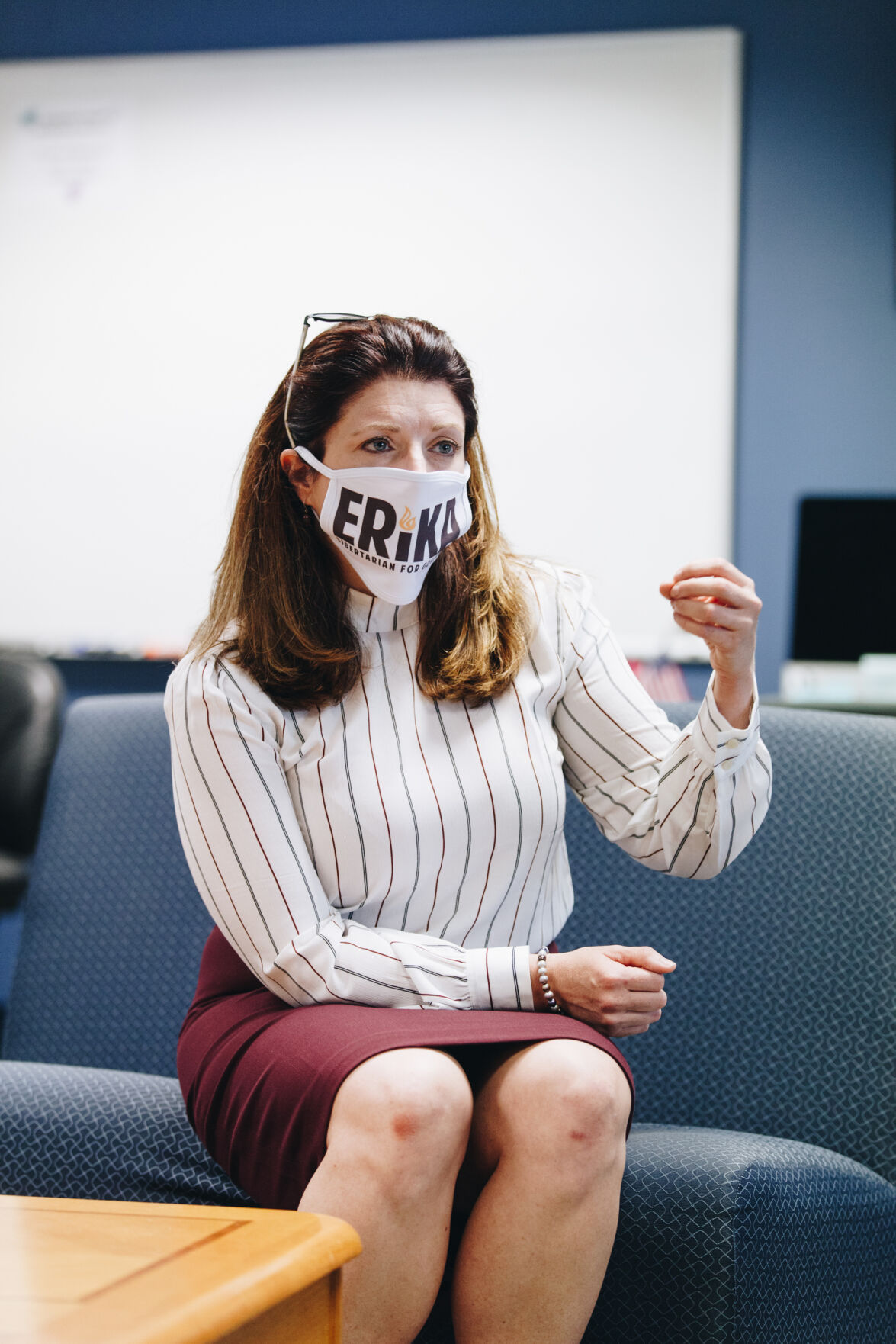 West Virginia Libertarian gubernatorial candidate Erika Kolenich speaks in the Daily Athenaeum newsroom on August 21, 2020.